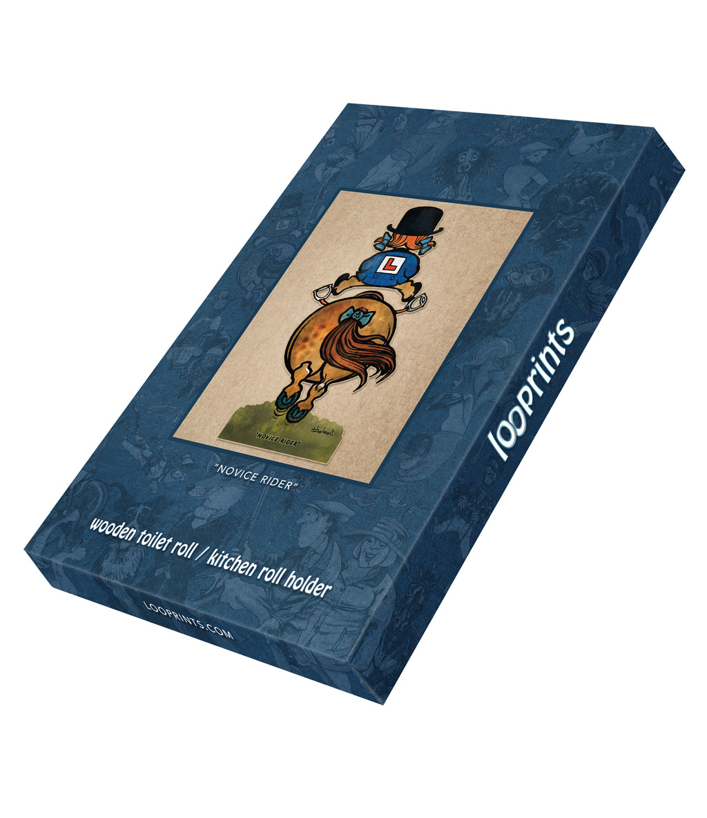 Novice Rider (Normal Thelwell ) - Printed Wood Toilet Roll / Kitchen Roll Holder. BOX OF 5 UNITS